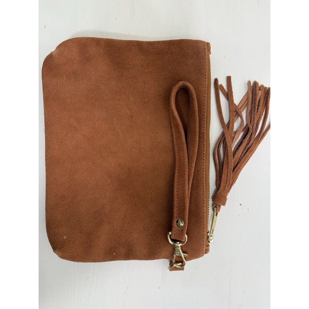 Genuine Leather Suede Fringe Clutch Wristlet Pouch Brown Boho